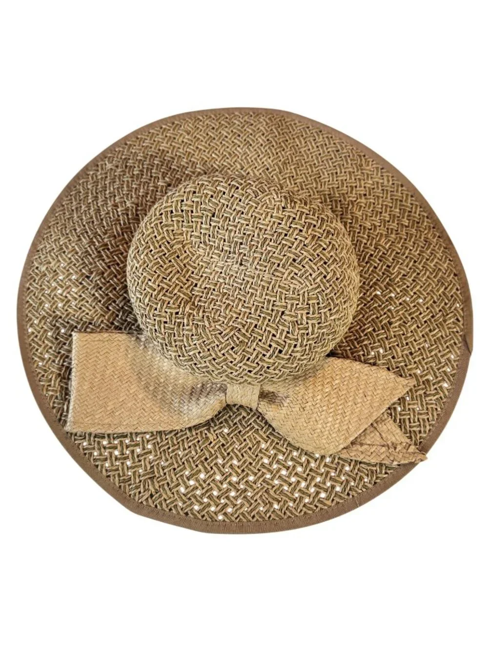 Vintage Women Wide Brim Paper Straw Sun Hat Bow Beige Summer Beach 57cm - Picture 6 of 10